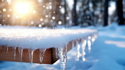 Glistening icicles hang from a snow-covered wooden surface, catching the soft glow of the winter sun, creating a serene and tranquil winter scene.