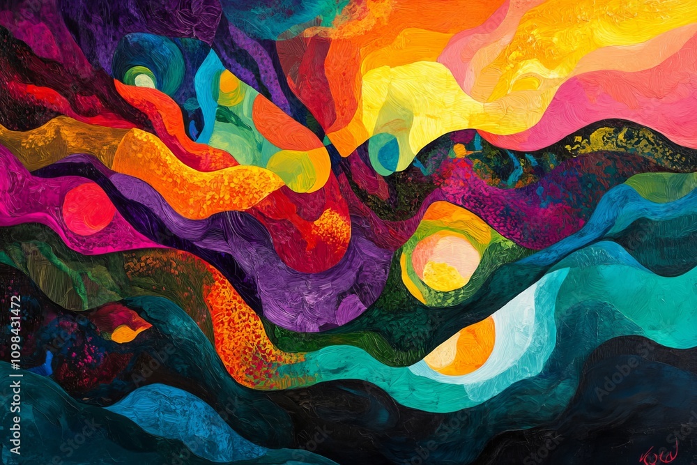 Poster a vivid abstract painting featuring swirling colors and dynamic patterns, perfect for modern art ent