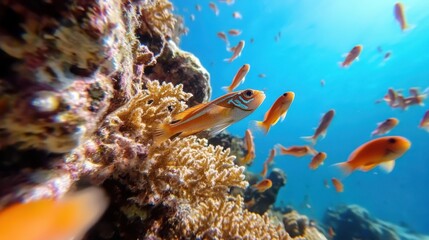 Obraz premium A school of orange fish swims over a thriving coral landscape, showcasing the rich diversity and beauty of underwater marine life thriving in clear ocean waters.