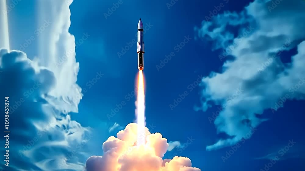 Poster a captivating scene of a rocket lifting off from a laptop display, enveloped by dynamic clouds and s