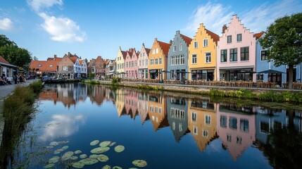Obraz premium A charming row of colorful townhouses reflecting in a clear canal, with a backdrop of a serene sky.