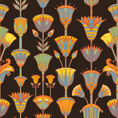 Seamless vector pattern of ancient Egyptian lotus flower. Repeating background. Retro hand drawn vector repeating illustration in earthy colors.