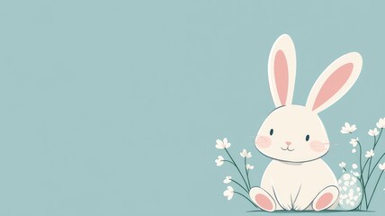 Fototapeta premium Cute cartoon rabbit sitting by flowers on pastel background