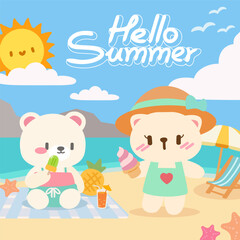 Naklejka premium Adorable bear friends enjoying ice cream on the beach. A cheerful “Hello Summer” illustration featuring two adorable cartoon bears enjoying a sunny day at the beach.