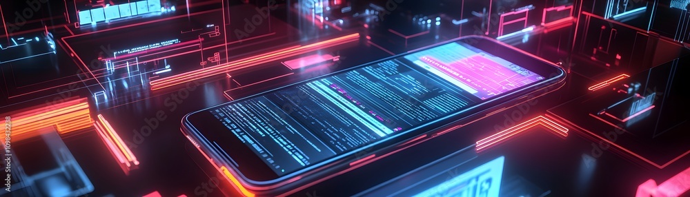 Aufkleber smartphone displaying digital data within futuristic neon environment