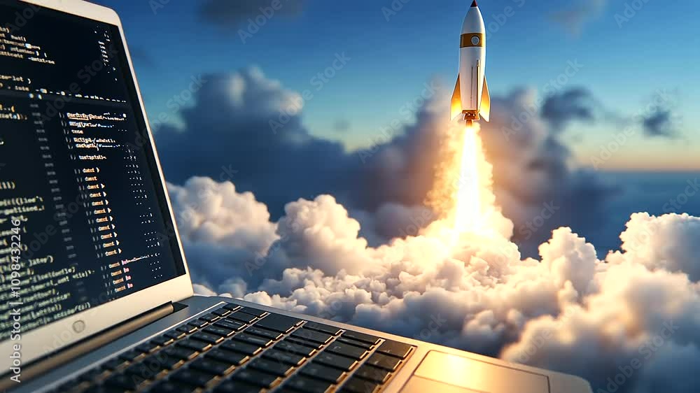 Poster a close-up of a laptop with an animated rocket launch, surrounded by dreamy clouds, with a backdrop 