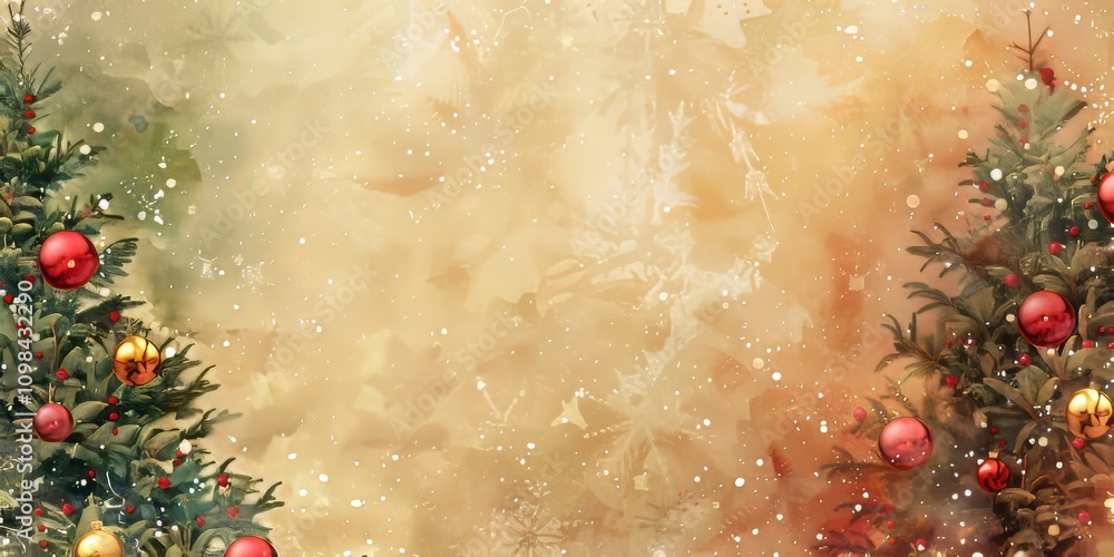 Poster a christmas tree with red and gold ornaments. the tree is surrounded by snow. there are two trees in