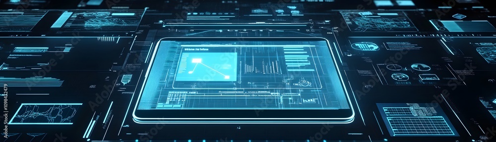 Poster futuristic tablet displaying complex data networks