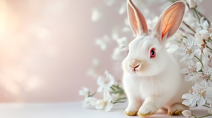 Obraz premium A cute white rabbit with long ears and pink eyes hopping playfully on a soft pink background, while surrounded by delicate white flowers on a pristine white background.