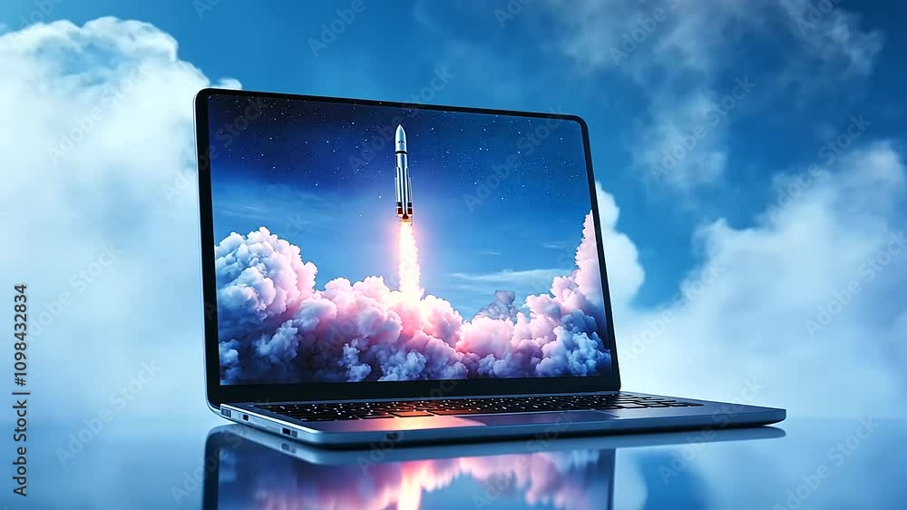Poster a laptop featuring a rocket launch on its screen, with wispy clouds curling around the device, all h