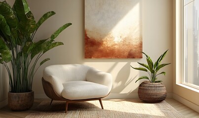 A stylish living room where the armchair is paired with an artistic houseplant arrangement