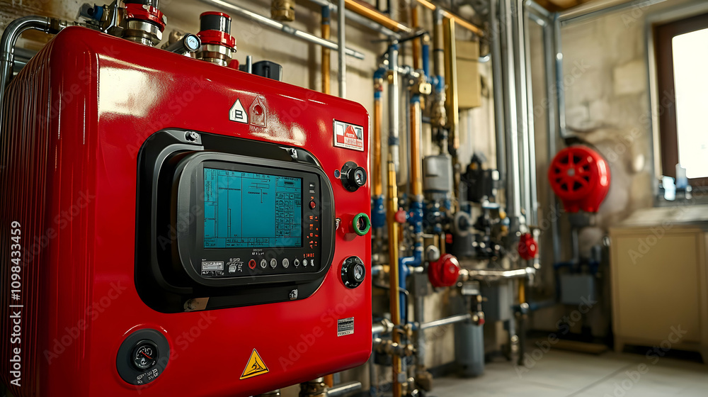 Poster red industrial control panel with digital display in a boiler room setting