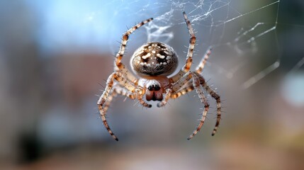 Obraz premium This image captures a close-up of a spider resting on its intricately woven web, with a beautifully blurred background, showcasing nature's artistry and detail.