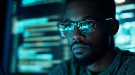 Focused young programmer analyzing complex code on multiple screens in dark office environment.