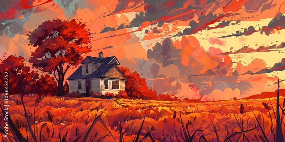 Poster a house is in the middle of a field with trees in the background. the sky is orange and cloudy