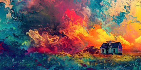 Obraz premium A colorful painting of a house and a field. The house is small and has a chimney