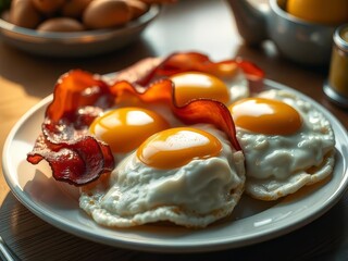 Eggs with bacon in the white background