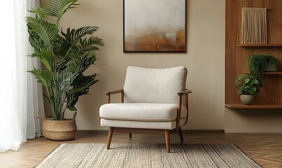 A stylish living room where the armchair is paired with an artistic houseplant arrangement