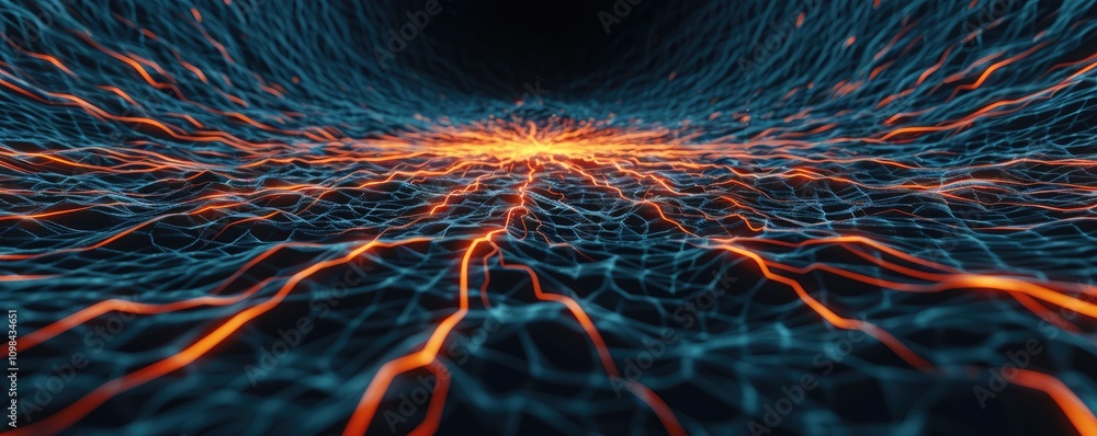 Poster a dynamic, abstract visualization of glowing lines converging to a central point, creating a sense o