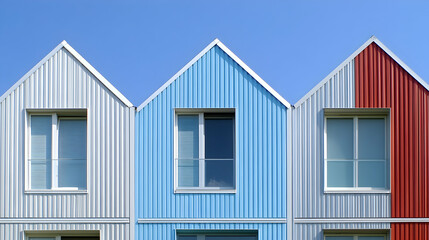 Colorful Corrugated Metal Houses Under Blue Sky,  A Vibrant Architectural Design with Modern Windows and Clean Lines.