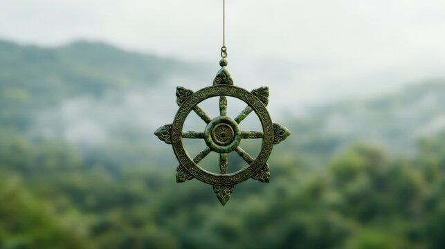 jade dharmachakra sculpture, smooth jade sculpture of dharmachakra, with intricate engravings and traditional motifs, against misty backdrop evoking peace and reverence