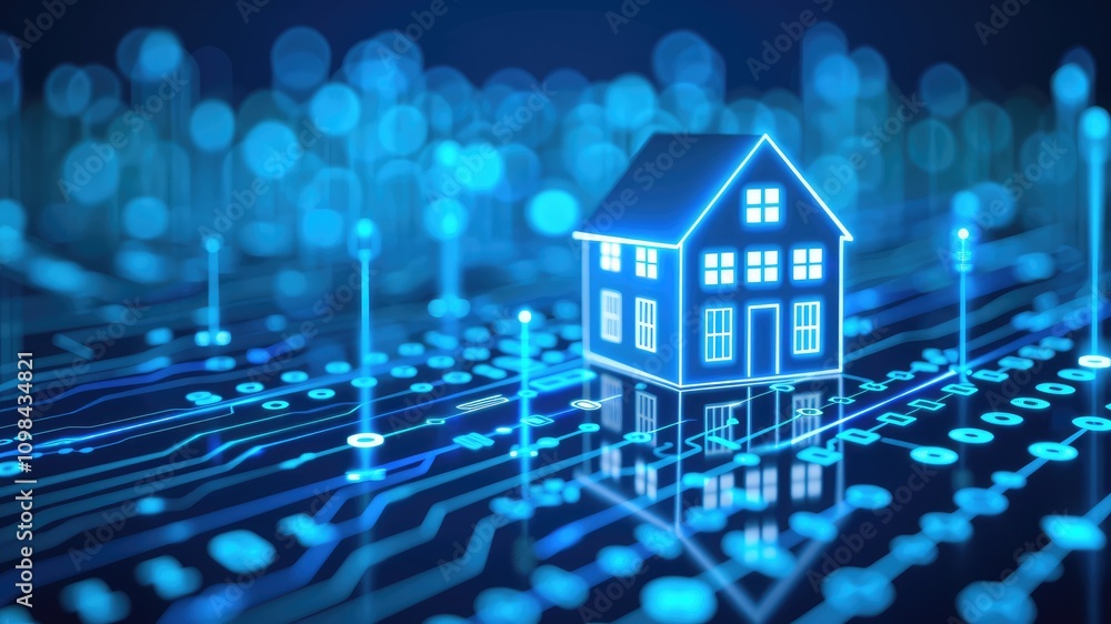 Poster a digital house model sits on a circuit board, symbolizing the intersection of technology and smart 