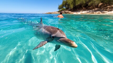 Obraz premium A playful dolphin swims close to the shore in crystal clear turquoise water with a person in the background, creating a beautiful oceanic scene full of movement.