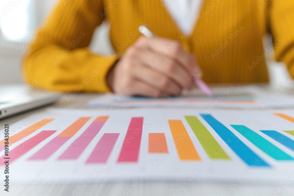 Poster a person in a yellow sweater analyzes colorful bar charts while writing notes, showcasing a focus on