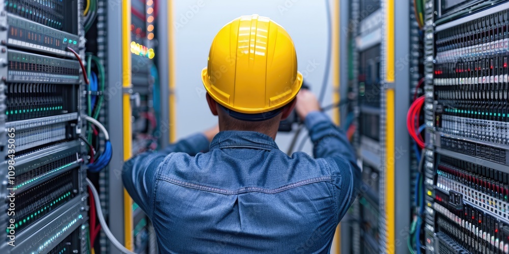 Poster a technician in a yellow hard hat works on server racks, ensuring optimal performance in a data cent