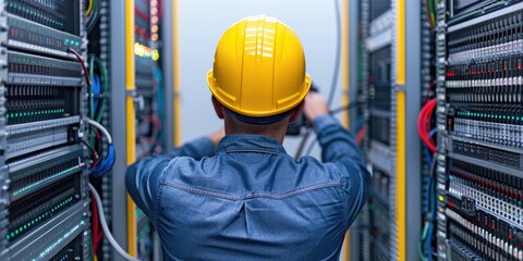 Fototapeta premium A technician in a yellow hard hat works on server racks, ensuring optimal performance in a data center environment.