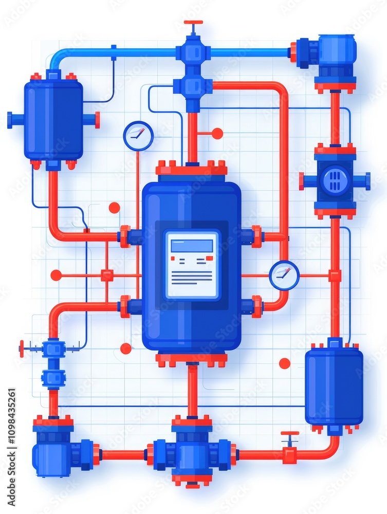 Poster a colorful diagram depicting a piping system with valves, gauges, and a central control unit, repres