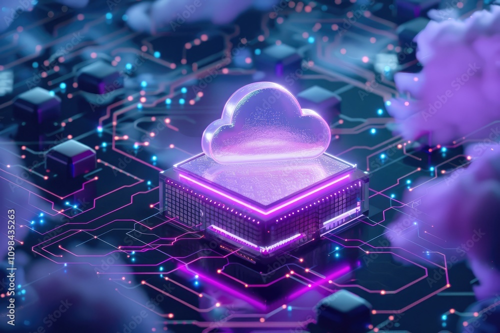 Poster a vibrant digital illustration of a cloud computing symbol on a circuit board, surrounded by glowing