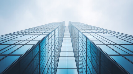 Fototapeta premium Low angle view of modern glass skyscrapers rising towards a bright sky, showcasing urban architecture and corporate success