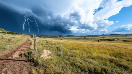 The image captures lightning striking a wide field under a dark, stormy sky, symbolizing the power of nature, unpredictability, and the raw elegance of the elements.