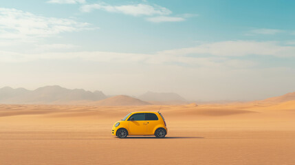 Obraz premium Small yellow electric car driving through a vast desert landscape under a clear sky