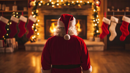 Obraz premium Santa claus happily observing christmas stockings hung by the fireplace, savoring the cozy holiday ambiance