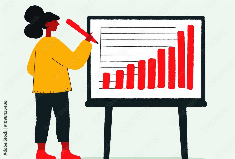 Poster a person is presenting a growing bar graph on a board, emphasizing progress and success with a red m