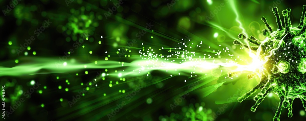Poster an abstract representation of green energy emitting from a virus, symbolizing the intersection of na
