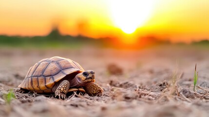 A solitary turtle in a field under a vivid sunset sky, reflecting life&rsquo;s journey and the tranquil beauty of natural scenes, filled with warm earthy tones.
