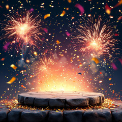 Empty stone product display presentation platform mockup, festive fireworks and confetti background, christmas and new year theme, festive holidays, winter season, ad, podium platform