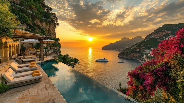 Sunset View from a Cliffside Villa with Infinity Pool