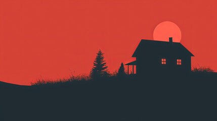 Fototapeta premium A house is on a hill with a tree in front of it. The house is small and has a porch. The sky is red and the sun is setting