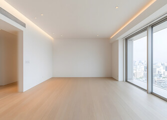 Obraz premium Empty Room with White Walls – A Blank Canvas for Interior Design in a Clean, Minimalistic Flat Setting
