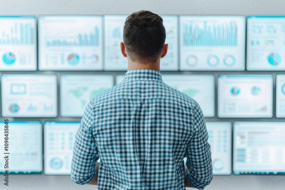 Poster a person analyzes data displayed on multiple screens, showcasing various graphs and statistics in a 