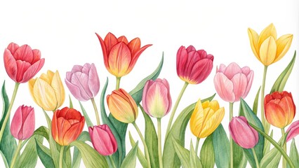 Obraz premium Watercolor Tulips Spring Floral Border Composition