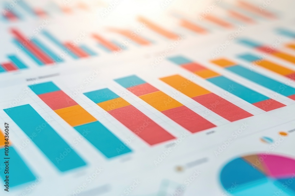Poster a colorful array of bar and pie charts displaying data trends and comparisons, emphasizing visual an