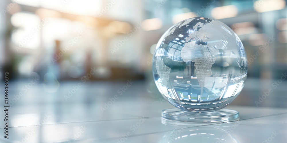 Poster a clear glass globe sphere sits elegantly on a polished surface, reflecting light and creating a ser