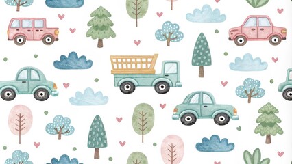 Fototapeta premium Watercolor Seamless Pattern Cute Cars and Trees