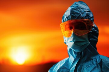 A healthcare worker in protective gear stands against a dramatic sunset, symbolizing resilience and dedication in challenging times.