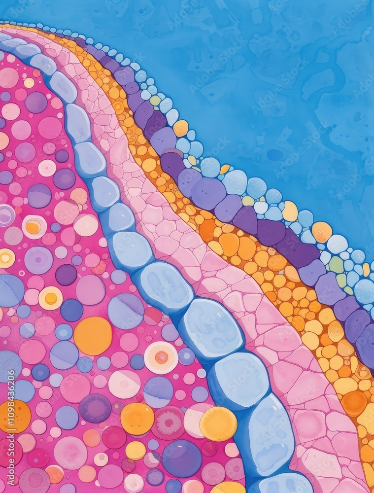 Poster a vibrant abstract artwork featuring colorful circular shapes and smooth curves against a blue backg